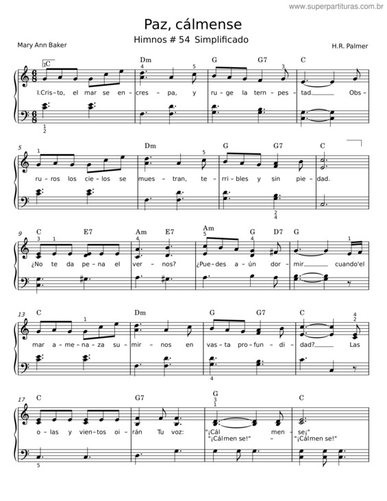 Partitura da música Paz, Cálmense – Mary Ann Baker