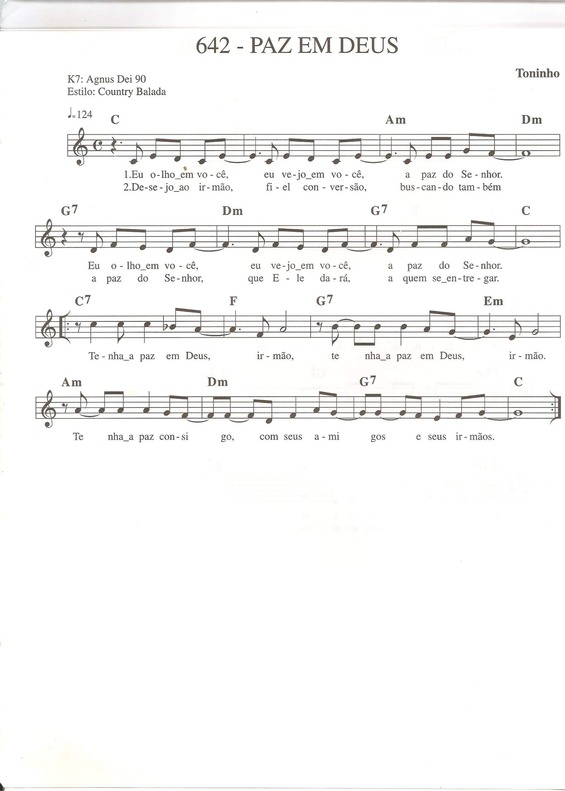 Partitura da música Paz em Deus