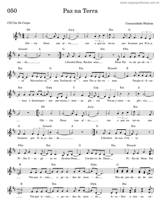 Partitura da música Paz Na Terra – Comunidade Shalom