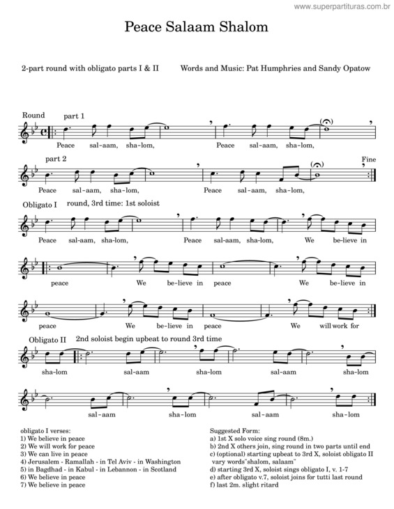 Partitura da música Peace Salaam Shalom – Pat Humphries
