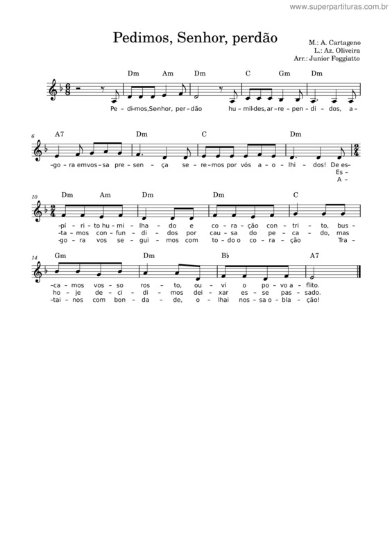 Partitura da música Pedimos Senhor Perdão