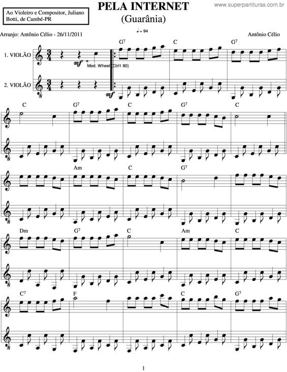 Partitura da música Pela Internet