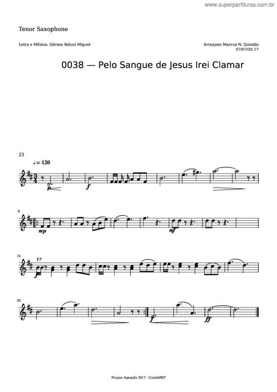 Partitura da música Pelo Sangue De Jesus Irei Clamar Tenor Saxophone