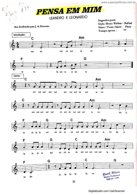 Partitura da música Pensa Em Mim v.2