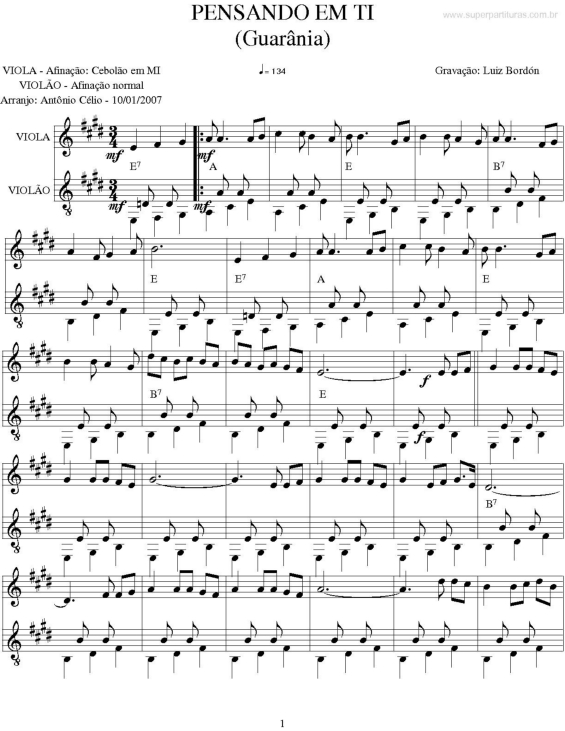 Partitura da música Pensando em Ti