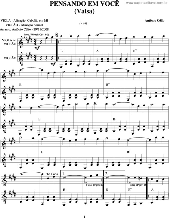 Partitura da música Pensando Em Você v.5