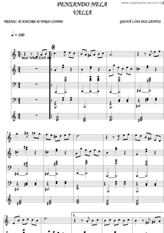 Partitura da música Pensando Nela