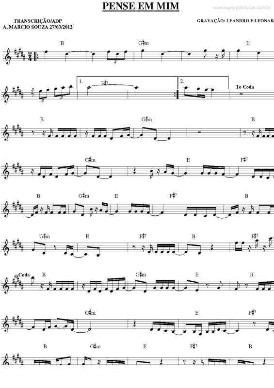 Partitura da música Pense em Mim v.2