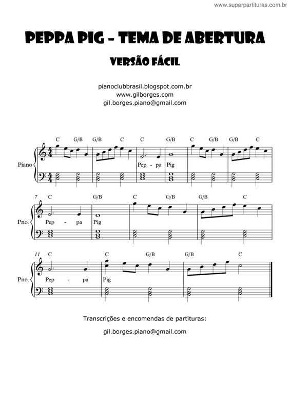 Partitura da música Peppa Pig - Tema de abertura