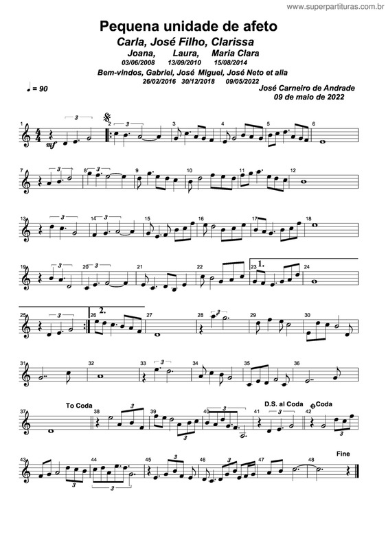 Partitura da música Pequena Unidade De Afeto