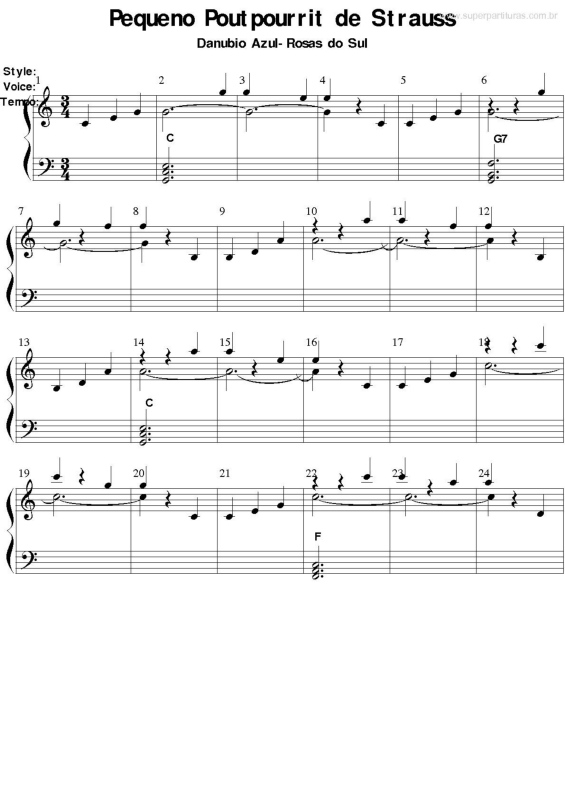 Partitura da música Pequeno Poutpourrit de Strauss (Danúbio Azul - Rosas do Sul)