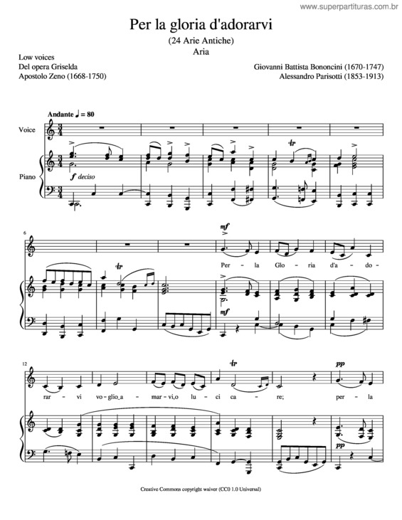 Partitura da música Per La Gloria D`Adorarvi – Giovanni Battista Bononcini–C Maj