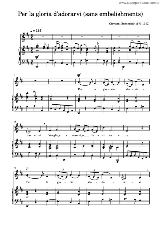 Partitura da música Per La Gloria D`Adorarvi – Giovanni Battista Bononcini