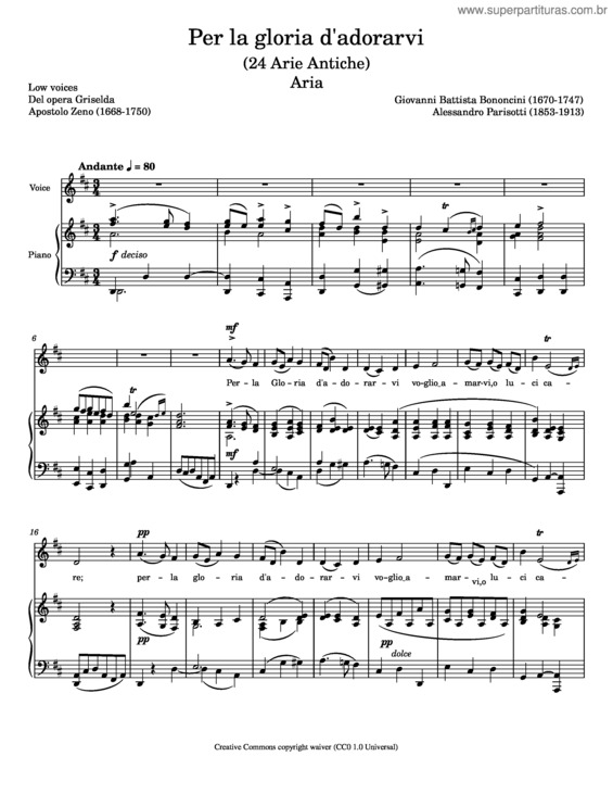 Partitura da música Per La Gloria D´Adorarvi – Medium–Low Voice – Rem – Giovanni Bononcini