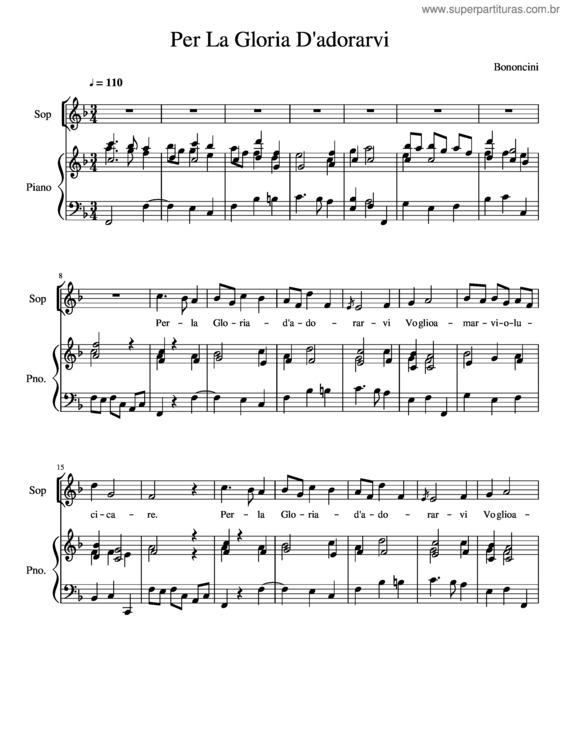Partitura da música Per La Gloria D`Adorarvi Soprano/Tenor Solo