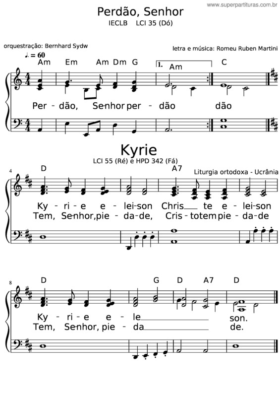Partitura da música Perdão, Senhor, Perdão