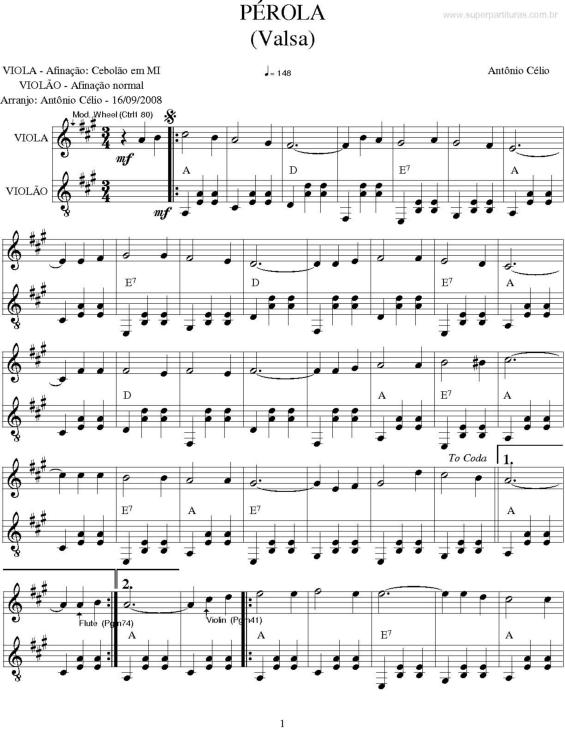 Partitura da música Pérola