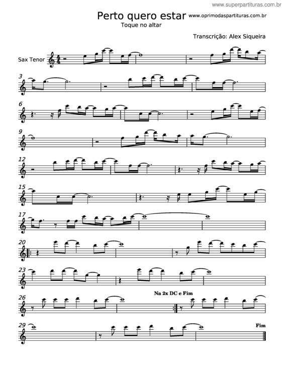 Partitura da música Perto Quero Estar – Alex Siqueira
