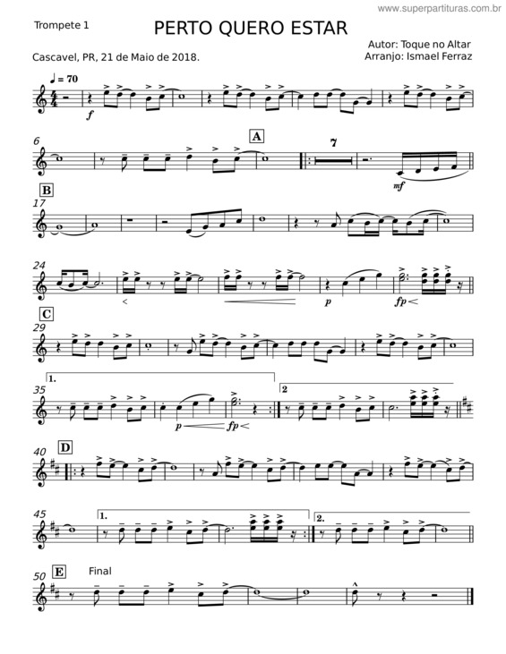 Partitura da música Perto Quero Estar – Toque No Altar v.4