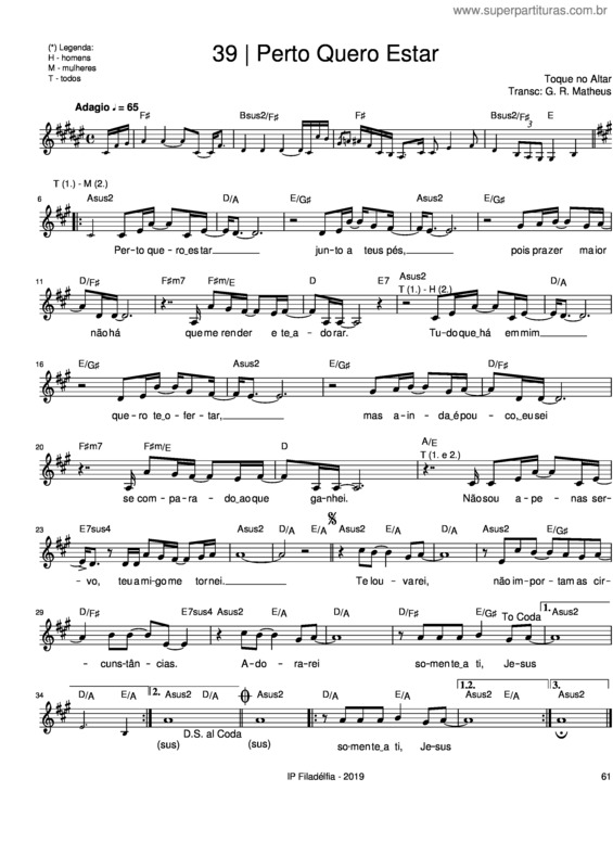 Partitura da música Perto Quero Estar – Toque No Altar