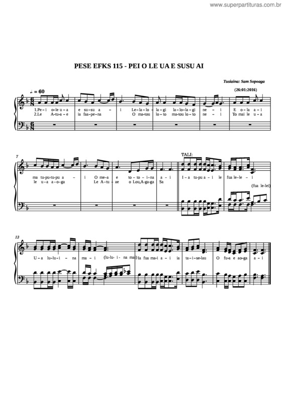 Partitura da música Pese 115-Pei O Le Ua E Susu Ai