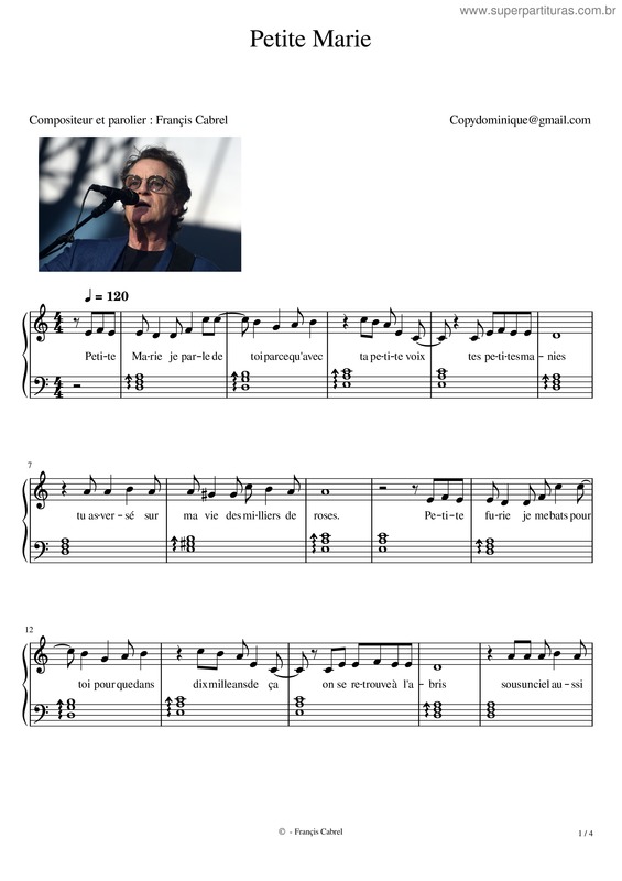 Partitura da música Petite Marie – Francis Cabrel 1977