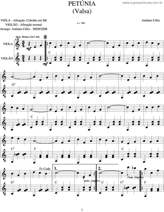 Partitura da música Petúnia