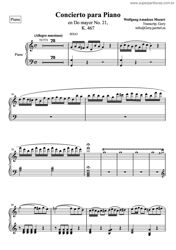 Partitura da música Piano Concerto n° 21, kv. 467