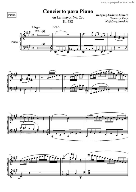 Partitura da música Piano Concerto n° 23 in A major, kv. 488