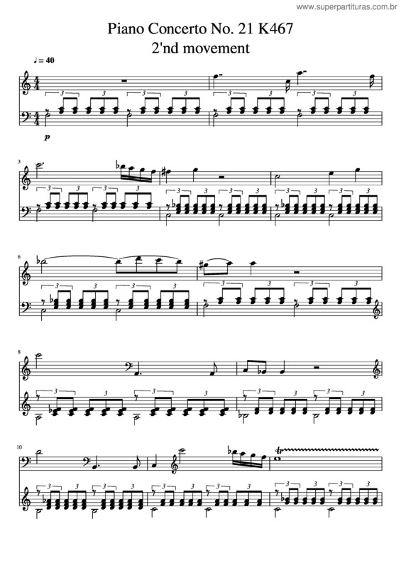 Partitura da música Piano Concerto No. 21 K467 2Nd Movement