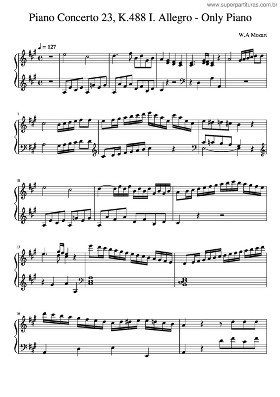 Partitura da música Piano Concerto No.23 In A Major, K.488 – Wolfgang Amadeus Mozart 1 Mov Piano Concerto 23 K488 – Only Piano