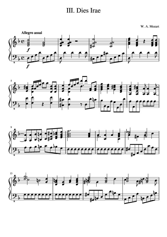 Partitura da música Piano Requiem in D Minor Dies Irae