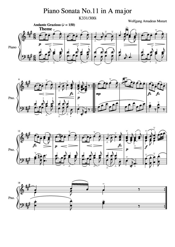 Partitura da música Piano Sonata No11 in A major K331W