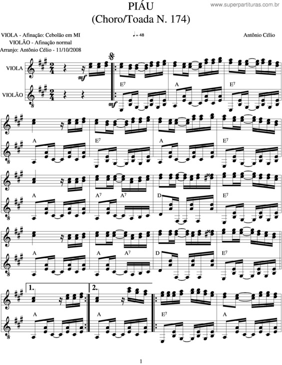 Partitura da música Piáu