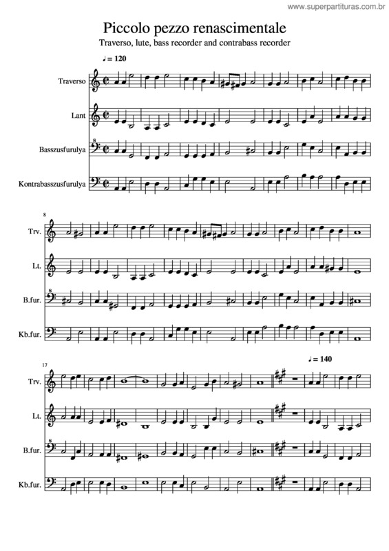 Partitura da música Piccolo Pezzo Renascimentale Traverso Lute Recorders