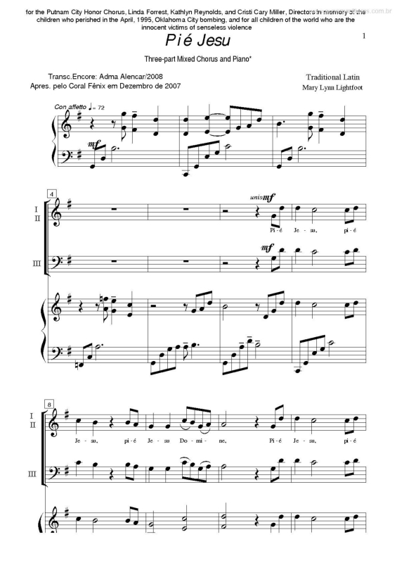 Partitura da música Píé Jesu