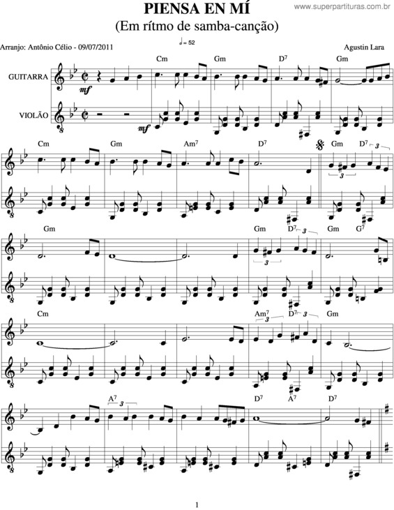 Partitura da música Piensa En Mí