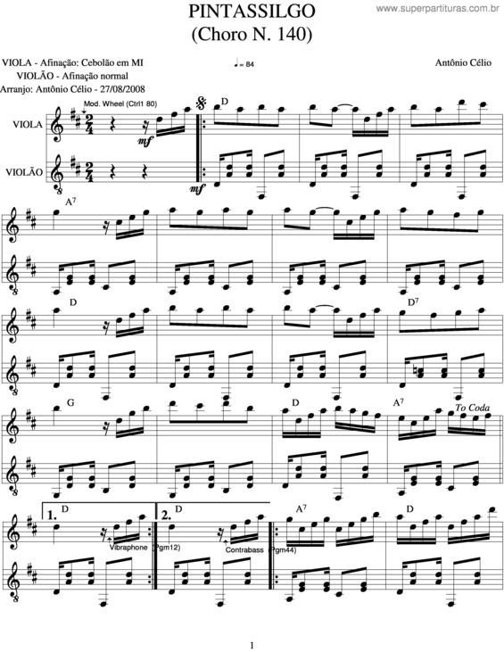 Partitura da música Pintassilgo