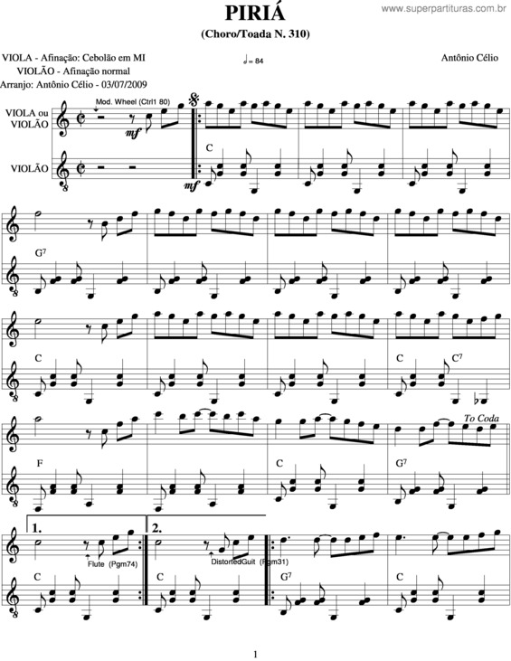 Partitura da música Piriá v.2