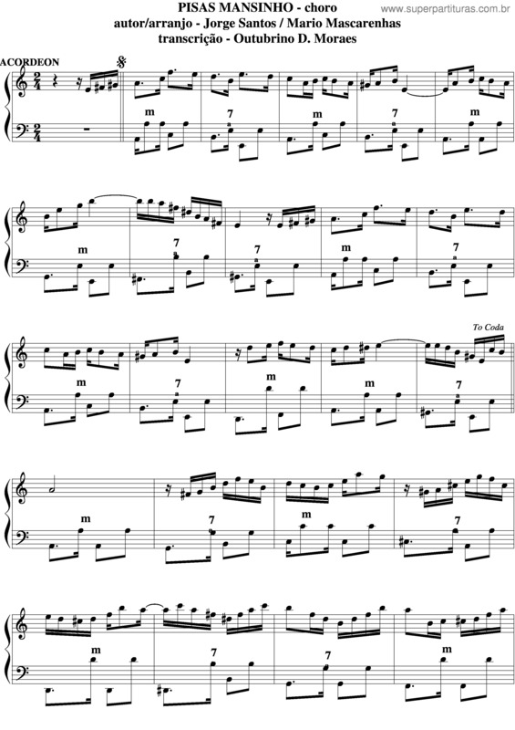 Partitura da música Pisa Mansinho