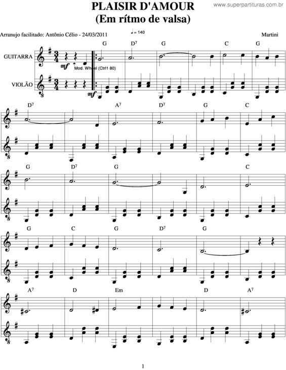 Partitura da música Plaisir D`Amour v.3