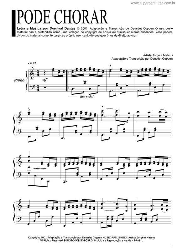 Partitura da música Pode Chorar