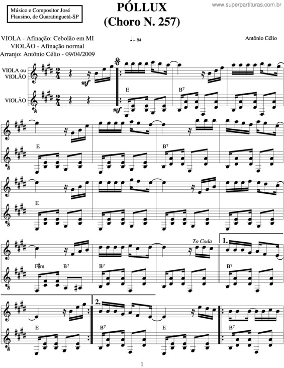 Partitura da música Póllux