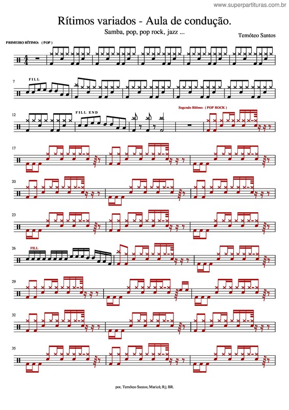 Partitura da música Pop; Pop Rock; Jazz E Samba – Aula De Condução E Virada. Por Temóteo Santos.
