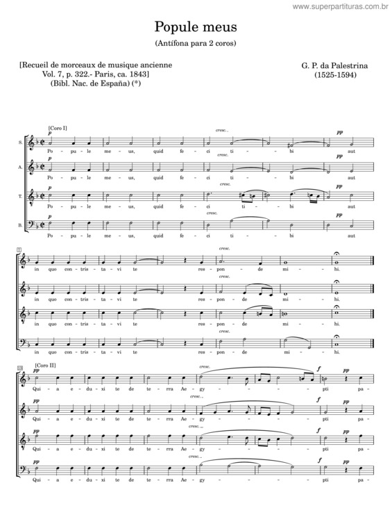 Partitura da música Popule Meus – G. P. Da Palestrina