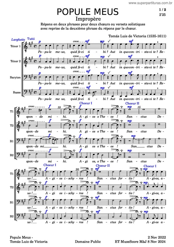 Partitura da música Popule Meus – Tomás Luis De Victoria v.2