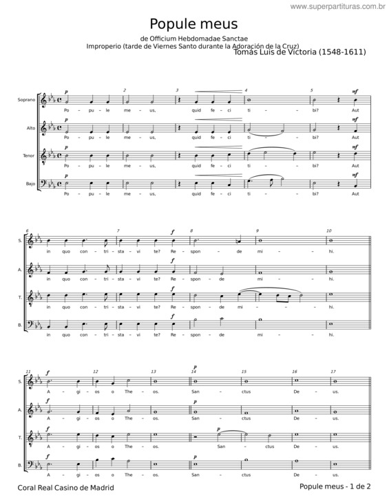 Partitura da música Popule Meus – Tomás Luis De Victoria v.3
