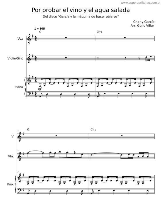 Partitura da música Por Probar El Vino Y El Agua Salada – Charly García