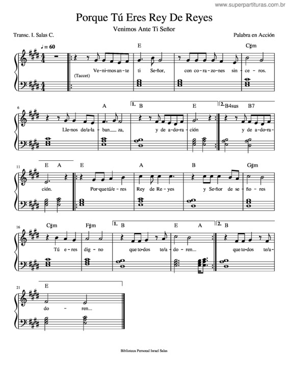 Partitura da música Porque Tú Eres Rey De Reyes
