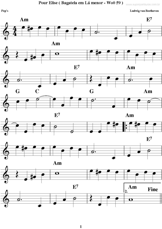 Partitura da música Pour Elise ( Bagatela em Lá menor - Wo0 59 )